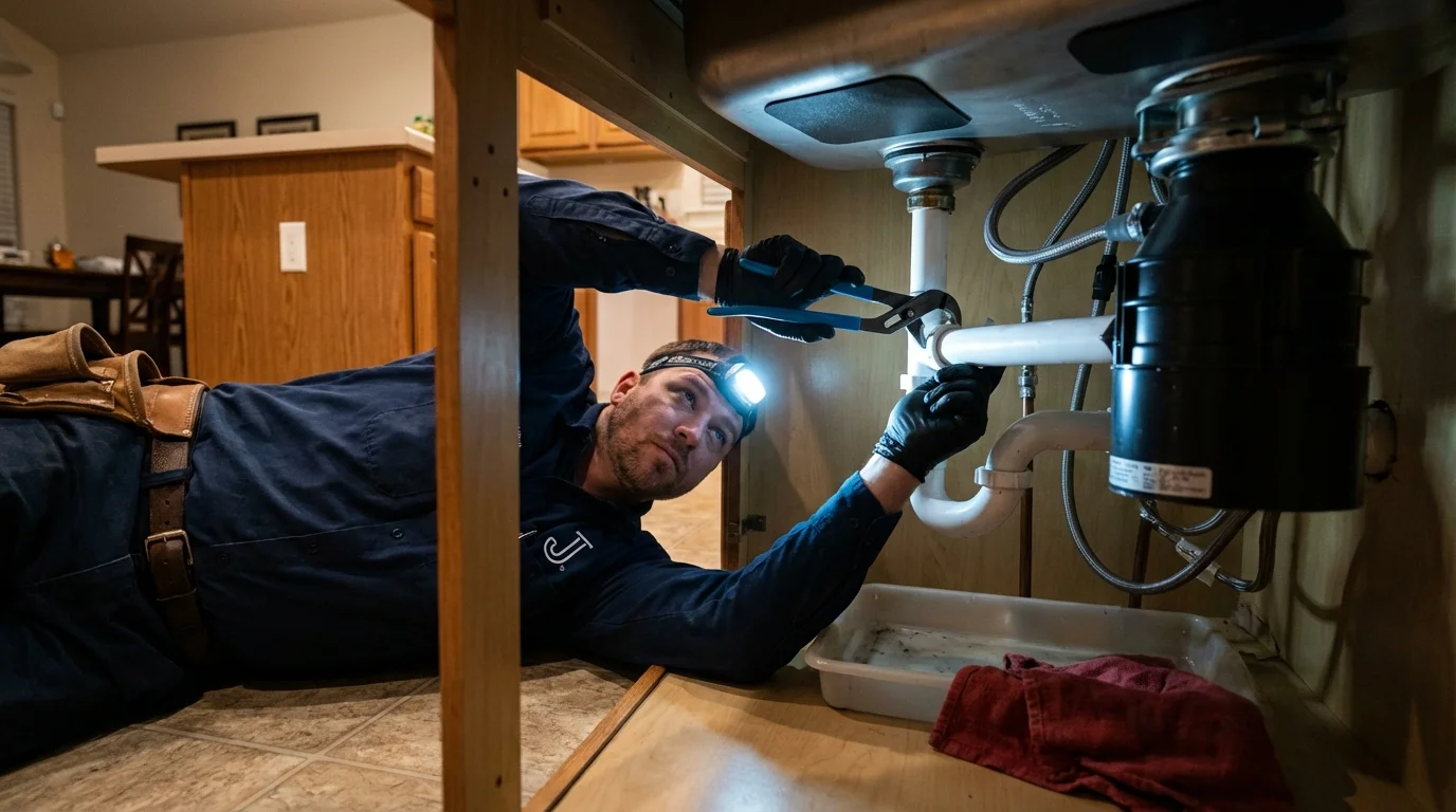 P-trap and supply line connections under a kitchen sink showing a common leak point in Taylor, TX